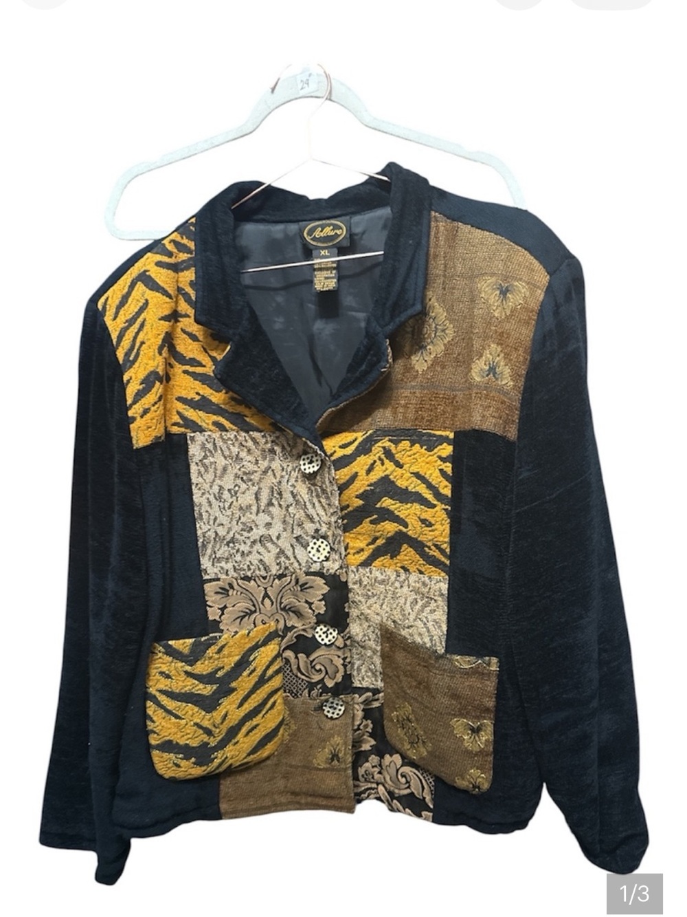 Allure Patchwork Velvet Blazer in Black and Gold-Tone XL